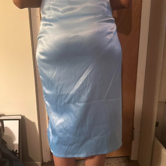 AKIRA - Blue Satin Midi Skirt with Feather Trim - Picture 2 of 5